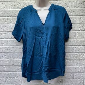 OLD NAVY Sz L Teal Blue Short Sleeve Mandarin V-Neck Rayon Hi-Lo Blouse • VGUC‼